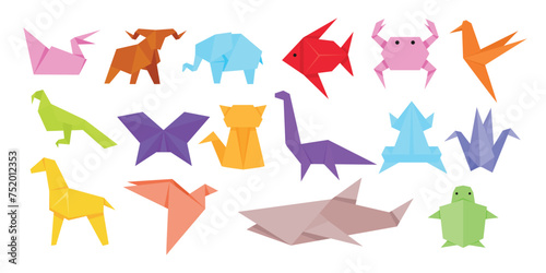 Set of colorful origami paper animals collection, Modern hobby, Colorful paper animals, low polygonal design, Polygon geometric with cat, butterfly, bull, crane, whale, turtle, crab, and fish.