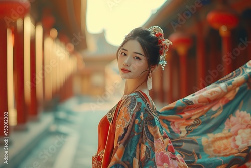 a beautiful Chinese woman wearing a traditional Chinese Qipao Chinese New Year dress