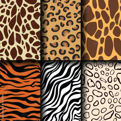 Set of Wild safari animal skin seamless pattern collection  leopard  cheetah  tiger  giraffe  zebra  snake skin texture for fashion print design  fabric  textile  wrapping paper  background  wallpaper