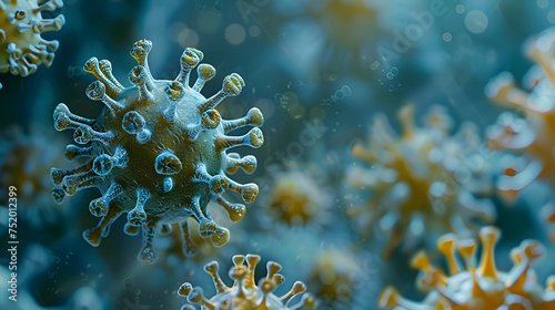 Virus cells in a blue background. Herpes virus or germs microorganism cells under microscope. Infection and microbe.