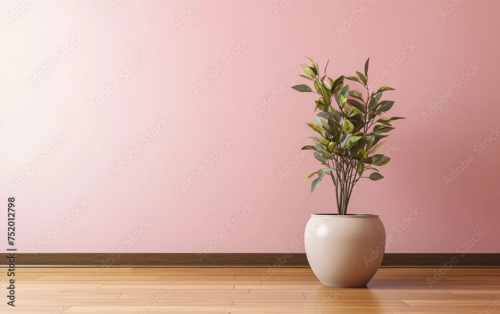 pink wall interior with plant vase on wooden floor. generative ai