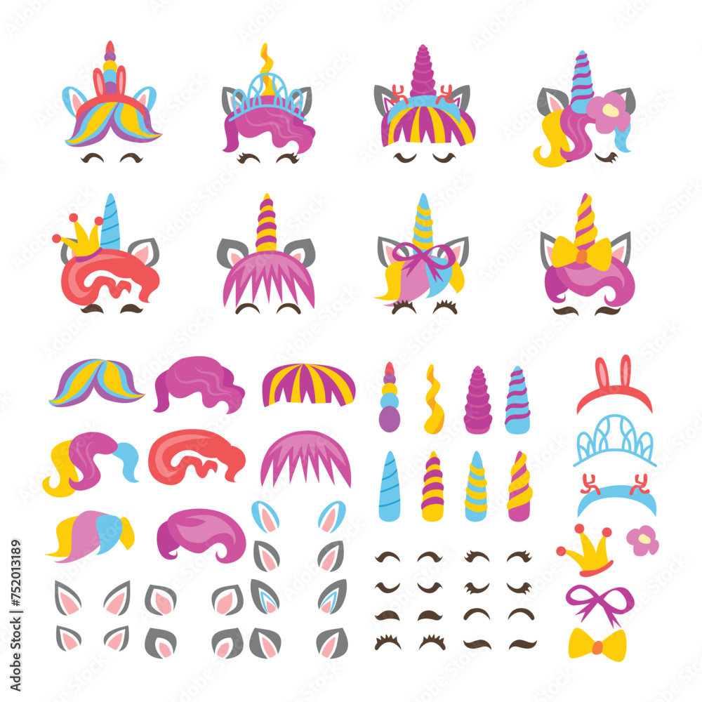 Set of Unicorn creation kit of cute cartoon unicorn character illustration. Create your own unicorn face, childish magical elements, Set of girly stickers. Horn, flowers, eyes, flower, crown, ears.