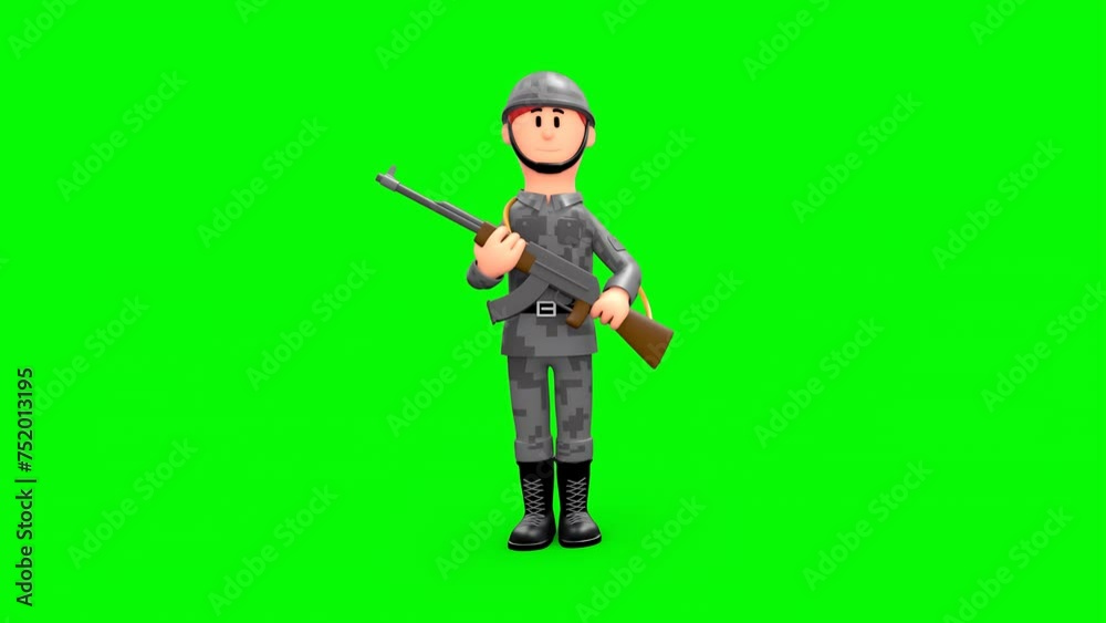 3D Rendered Animated Scene Of Cartoon Female Soldier In Uniform And Gun Looking Around Standing In Green Background 3D Rendered Animated Scene Of Cartoon Female Soldier In Uniform And Gun Looking Around Standing In Green Background