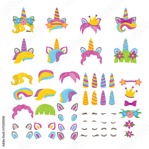 Set of Unicorn creation kit of cute cartoon unicorn character illustration. Create your own unicorn face, childish magical elements, Set of girly stickers. Horn, flowers, eyes, flower, crown, ears.