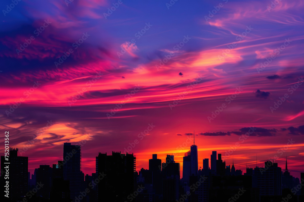 Vibrant city skyline against a colorful sunset sky