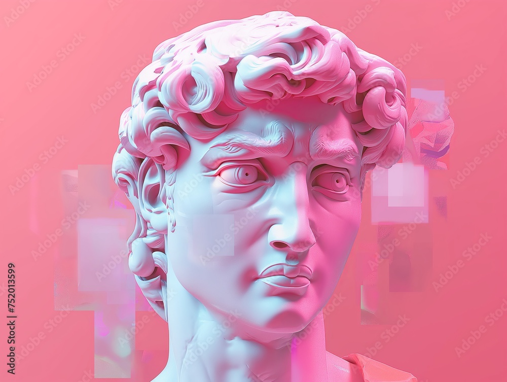 A modernized rendition of a classical bust with a vibrant pink hue against a matching background.