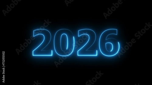 Neon text calendar 2026 animation, glowing neon icon blue color 4k video.
