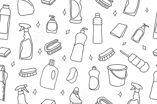 Seamless pattern of cleaning equipment. Cleaning line icons. Line of hand-drawn equipment, cleaning products and tools for washing and disinfecting the house, bucket and mop, detergent sprayer.