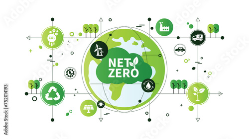 Net zero and carbon neutral concept. Net zero greenhouse gas emissions target. Climate neutral long term strategy with green net zero icon and on the world and green city with circles doodle backgroun