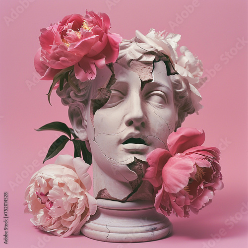 Antique cracked Statue with peonies flowers