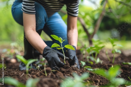 A woman wearing gloves carefully plants a young plant into the earth  nurturing nature with care and dedication