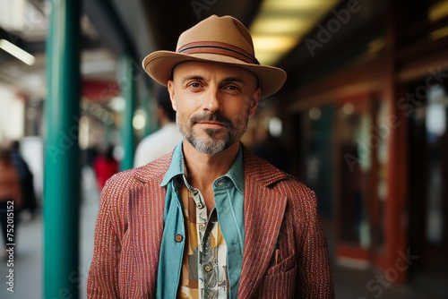 Portrait of handsome mature man in hat walking in the city.