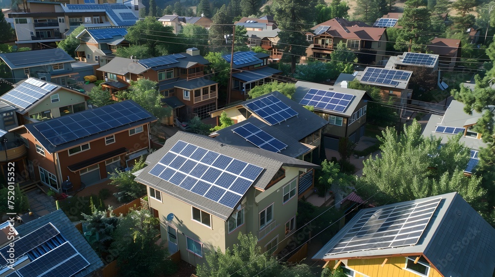 Fototapeta premium Urban and Rural Neighborhoods Embracing Solar Energy, To show the integration of solar technology in residential areas, promoting a sustainable and