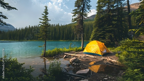 Yellow Tent on a Hill by a Lake in the Mountains, To convey a sense of adventure and tranquility in the great outdoors, ideal for promoting camping