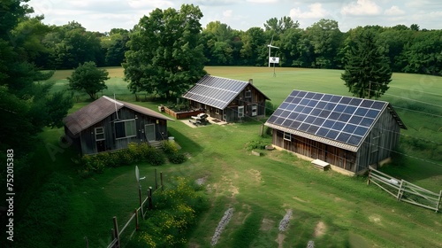 Solar Panels on Farm and Cottages in American Regionalism Style, To show the integration of solar energy into farm and cottage buildings, promoting photo