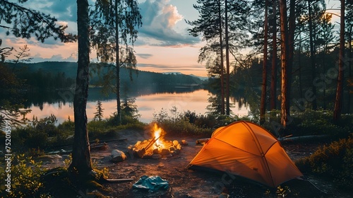 Tent by the Lake at Sunset in the Forest, To provide a visually appealing and calming image of nature-inspired camping scenery for use in outdoor and