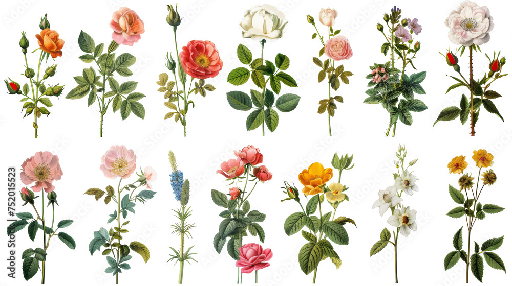 A collection of flowers. Sketches of blossoms with stalks and leaves. transparent, isolated set of different florets. A bush of wild roses. A spring yellow bloom twig. Watercolor painting. PNG File - obrazy, fototapety, plakaty 