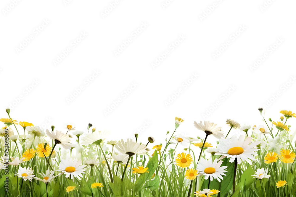 Isolated Spring Grass and Daisy Wildflowers on White Background Forming a Charming Floral Border - A Delicate Composition Evoking the Beauty of Nature.