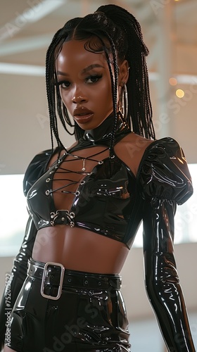 an African American model wearing a black latex outfit in a room