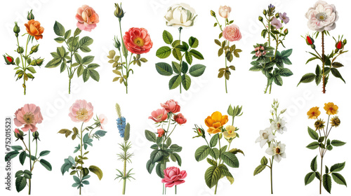 A collection of flowers. Sketches of blossoms with stalks and leaves. transparent, isolated set of different florets. A bush of wild roses. A spring yellow bloom twig. Watercolor painting. PNG File photo