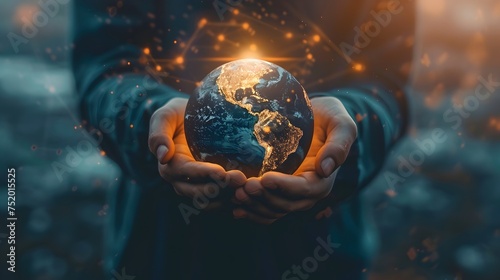 Hand Holding Glowing Earth, To convey a sense of wonder and interconnectedness with the universe, this image is perfect for projects related to