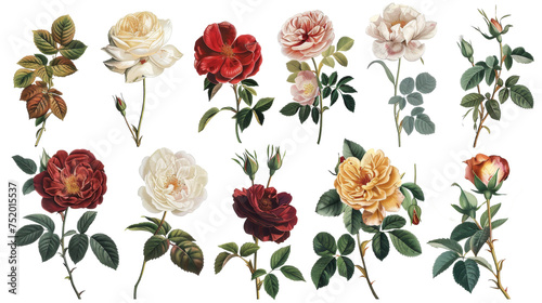 A collection of flowers. Sketches of blossoms with stalks and leaves. transparent, isolated set of different florets. A bush of wild roses. A spring yellow bloom twig. Watercolor painting. PNG File © ND STOCK