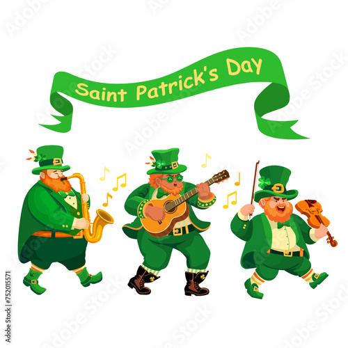 Wallpaper Mural Three Musicians in leprechaun costumes. Funny fat People with a guitar, violin, saxophone. Cartoon characters in flat style isolated on white. Illustration for St. Patrick's Day holiday. Vector. Torontodigital.ca