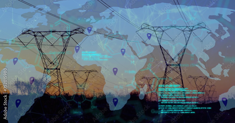 Obraz premium Image of data processing and world map over pylons