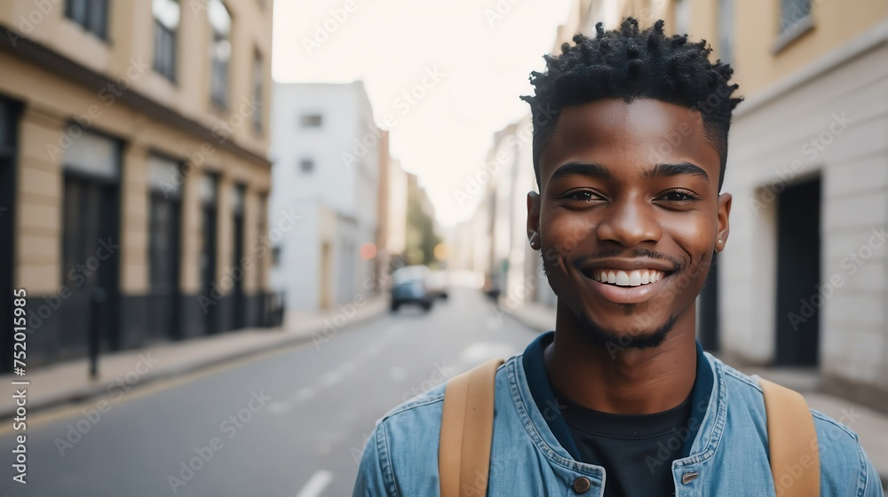 Portrait of a confident african young male university college student in the middle of city street smiling looking at camera from Generative AI Portrait of a confident african young male university college student in the middle of city street smiling looking at camera from Generative AI