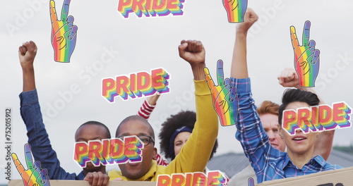 Image of rainbow hands and pride over diverse protesters with banners