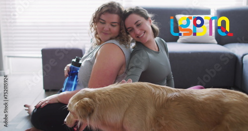 Image of rainbow lgbtq of lesbian couple petting dog at home