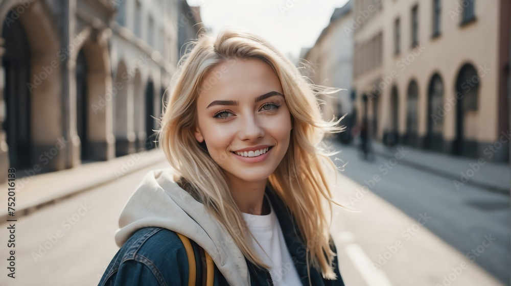 Portrait of a confident blonde young female university college student in the middle of a city street smiling looking at camera from Generative AI