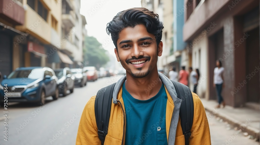 Portrait of a confident indian young male university college student in the middle of a city street smiling looking at camera 8 from Generative AI