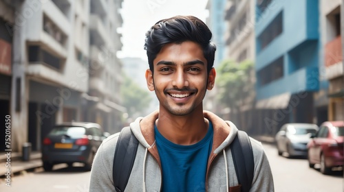 Portrait of a confident indian young male university college student in the middle of a city street smiling looking at camera from Generative AI