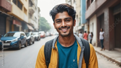 Portrait of a confident indian young male university college student in the middle of a city street smiling looking at camera 8 from Generative AI