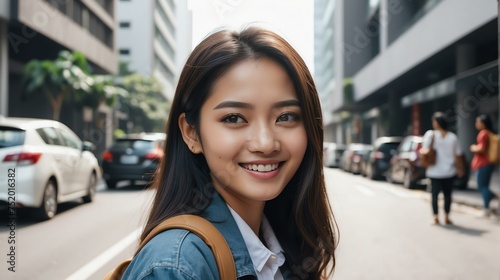 Portrait of a confident indonesian young female university college student in the middle of city street smiling looking at camera from Generative AI