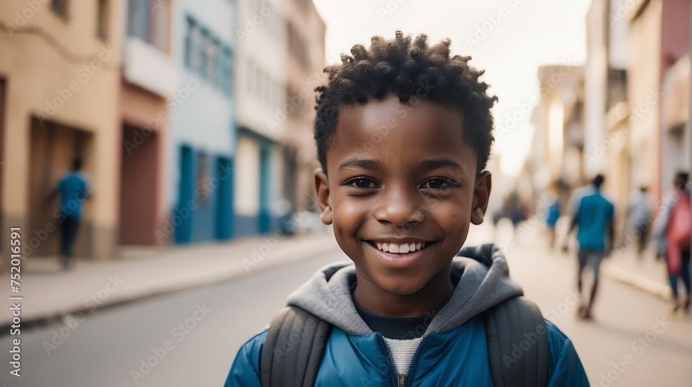 Portrait of a happy black african young boy kindergarten student in the middle of a city street smiling looking at camera from Generative AI Portrait of a happy black african young boy kindergarten student in the middle of a city street smiling looking at camera from Generative AI