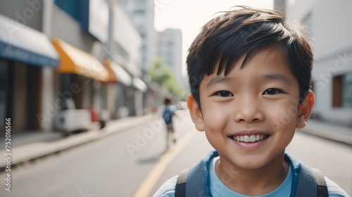Portrait of a happy asian young boy kindergarten student in the middle of a city street smiling looking at camera from Generative AI