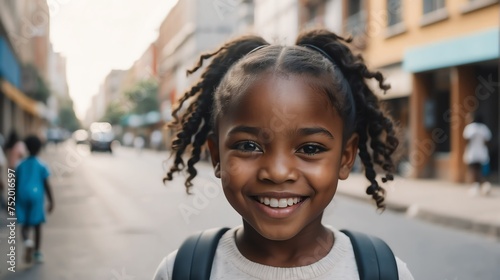 Portrait of a happy black african young girl kindergarten student in the middle of a city street smiling looking at camera from Generative AI