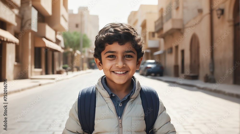 Portrait of a happy indian young boy kindergarten student in the middle of a city street smiling looking at camera from Generative AI Portrait of a happy indian young boy kindergarten student in the middle of a city street smiling looking at camera from Generative AI