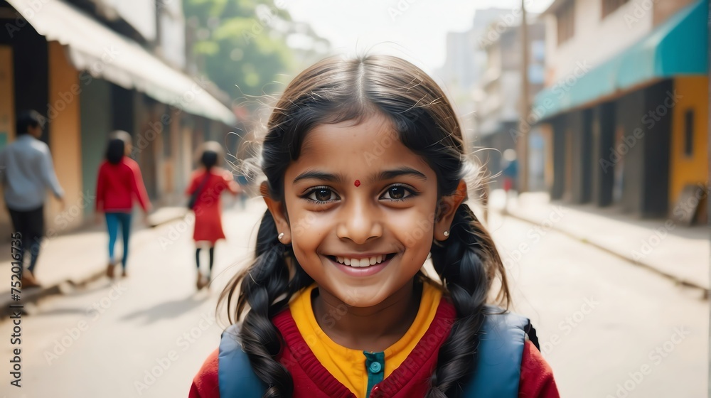 Fototapeta premium Portrait of a happy indian young girl kindergarten student in the middle of a city street smiling looking at camera from Generative AI