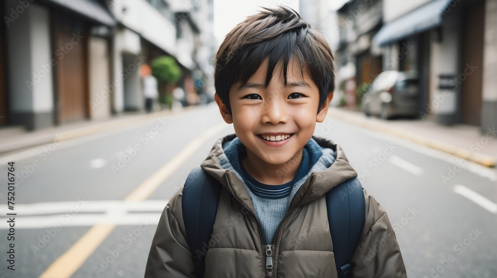 Portrait of a happy japanese young boy kindergarten student in the middle of a city street smiling looking at camera from Generative AI Portrait of a happy japanese young boy kindergarten student in the middle of a city street smiling looking at camera from Generative AI