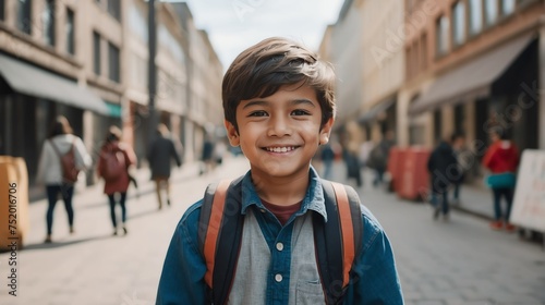 Portrait of a happy immigrant young boy kindergarten student in the middle of a city street smiling looking at camera from Generative AI