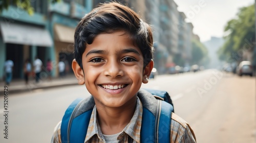Portrait of a happy indian young boy kindergarten student in the middle of a city street smiling looking at camera from Generative AI