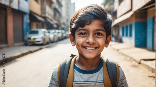 Portrait of a happy indian young boy kindergarten student in the middle of a city street smiling looking at camera 8 from Generative AI photo