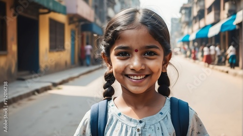 Portrait of a happy indian young girl kindergarten student in the middle of a city street smiling looking at camera from Generative AI © Arceli