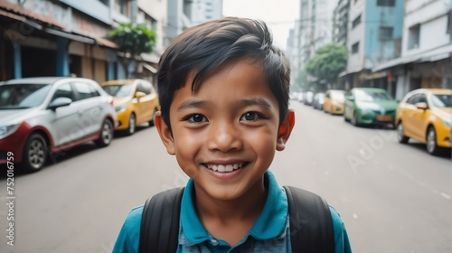 Portrait of a happy indonisian young boy kindergarten student in the middle of a city street smiling looking at camera from Generative AI