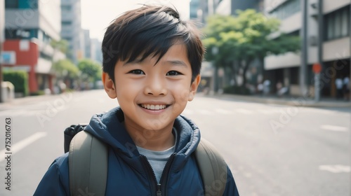 Portrait of a happy japanese young boy kindergarten student in the middle of a city street smiling looking at camera from Generative AI