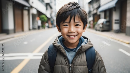 Portrait of a happy japanese young boy kindergarten student in the middle of a city street smiling looking at camera from Generative AI