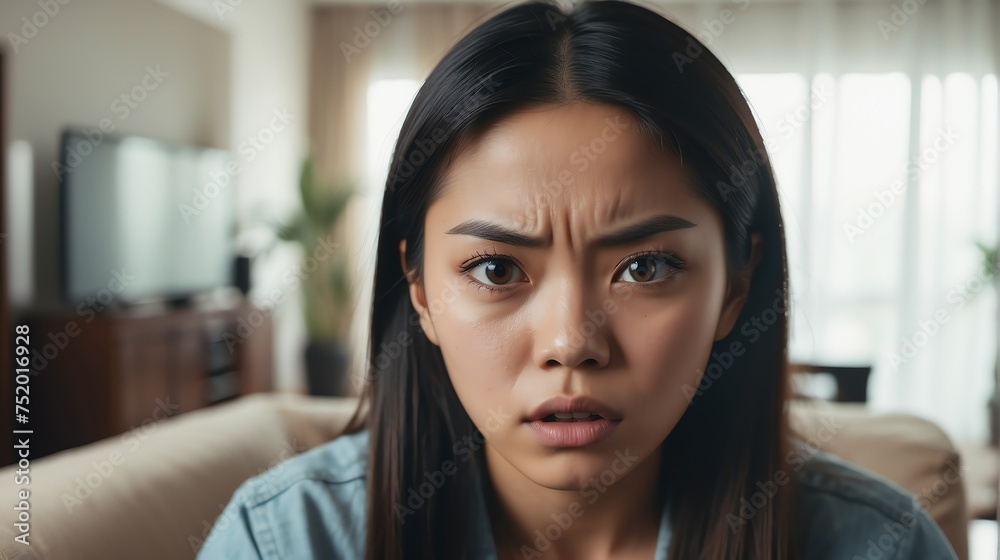 Angry frustrated filifino young female woman staring at the camera on a living room home background from Generative AI
